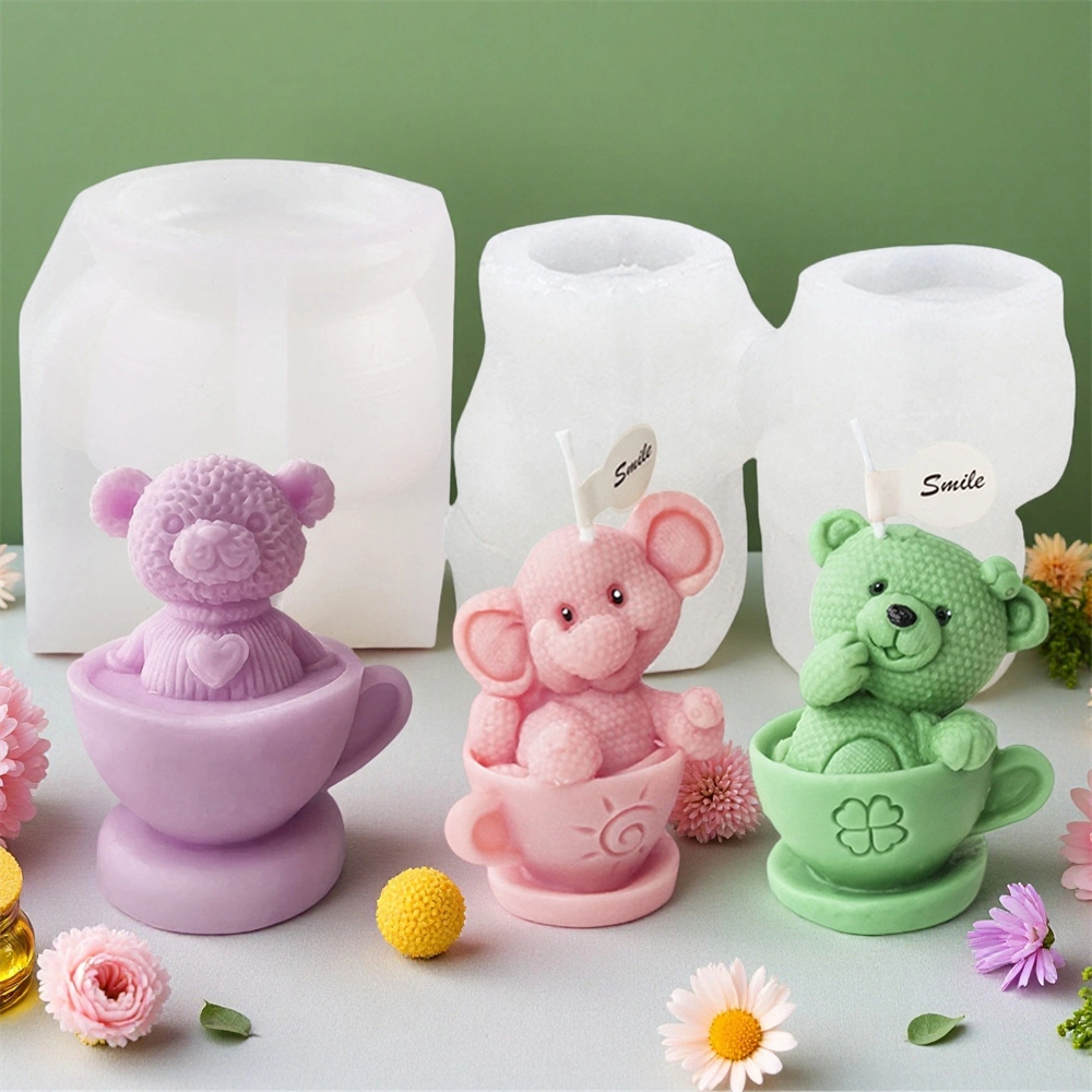 Ceramic Candle Vessel - Мишка в чашке, силиконовая форма, мультяшный